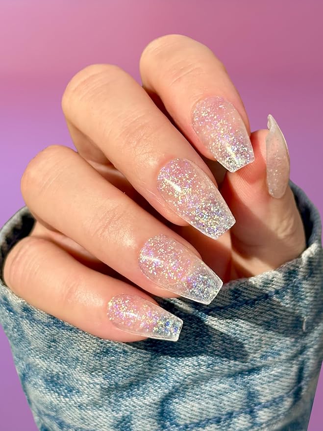 | 20 Exquisite Gel Nail Polish Strips w/Application Accessories - No UV/LED Lamp Required (Clear & Glitter)