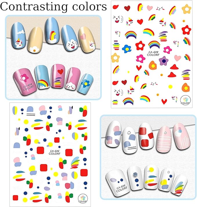 8 Sheets Geometry Summer Nail Stickers for Girls,Fruits Nail Decals 3D Self-Adhesive Kids Flower Nail Stickers Little Rainbow Design Holiday Decals for Women