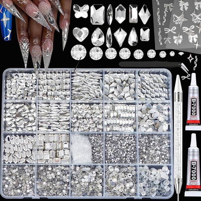 6400Pcs Silver Clear Nail Rhinestones, 600Pcs Multishapes Big Nail Gemstones +5800Pcs 1.5-6.5mm Flat Back Round Crystal Beads with B7000, Nail Decals, Multsize Flat Back Glass Stones for DIY Art