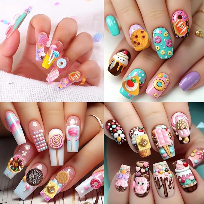 3D Cute Candy Nail Charms, Mix Colours Resin Sweets Lollipop Doughnuts Nail Art Designs, Assorted Biscuits Chocolate Cake Charms for Nail Decorate DIY Body Face Craft and Salon Use