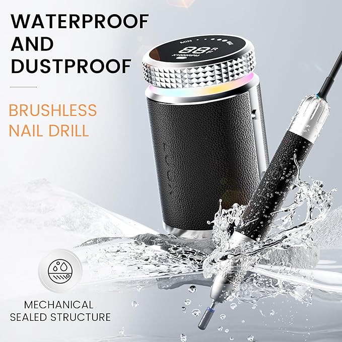 L'UGX Professional Nail Drill, Waterproof 35000RPM Brushless Nail Drill Machine, Rechargeable Nail Efile for Acrylic Gel Nails, Low Noise and Low Vibration, Black