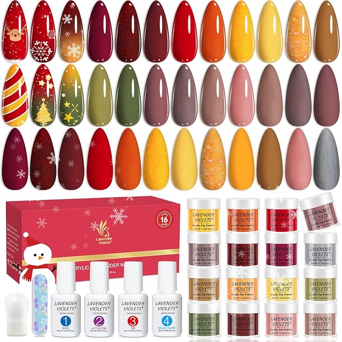 Lavender Violets 22pcs Halloween Dip Powder Nail Kit 16 Colors Red Brown Gold Green with Dip Powder Liquid Perfect Gift for Women Nail Art DIY M967