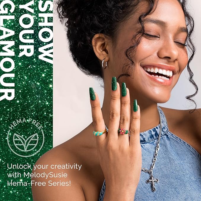 MelodySusie Hema Free Gel Nail Polish, 0.5 Fl Oz Thick Green Glitter Gel Polish, Non-Toxic, Long Lasting, Soak Off UV Nail Polish, Manicure Nail Design Salon DIY Nail Art at Home B3301