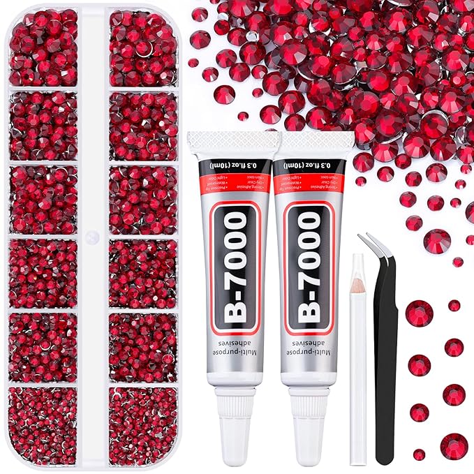 6100Pcs Resin Rhinestones for Crafting with 2Pcs 10ml B7000 Jewelry Glue, 1 Box Flatback Crystals Diamond (Dark Red) for Bedazzling Crafts DIY Nail Art，Non Hotfix Gems for Clothing Shoes Tumblers