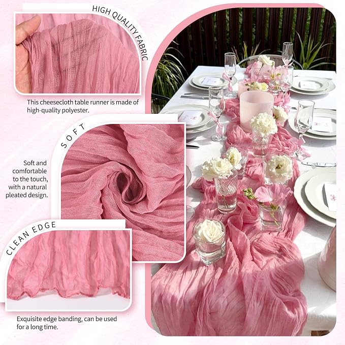 Showgeous 2 Pack Dusty Rose Cheesecloth Table Runners Boho Wedding Decor | - Image 3