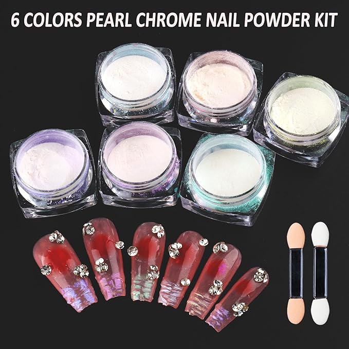 White Pearl Chrome Nails Powder 6 Colors Moonlight Chrome Nail Powders Kit Glitter Dust Pearlescent Mirror Effect Nail Art Pigment Mermaid Pearl White Pink Yellow DIY Manicure Pigments