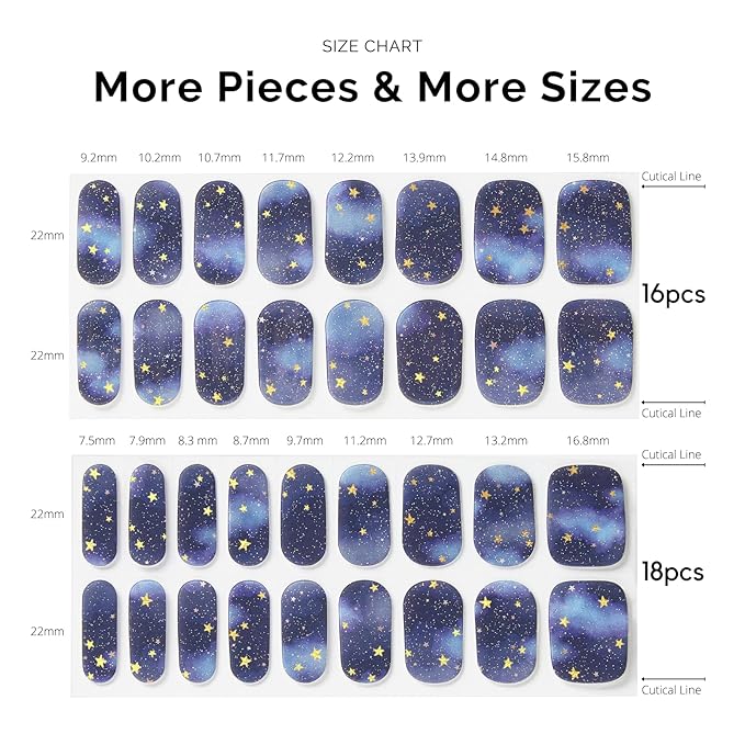Nailog Semi Cured Gel Nail Strips 34 pcs| Long Lasting Nail Polish Sticker Wraps with Glossy Gel Finish, Starry Night