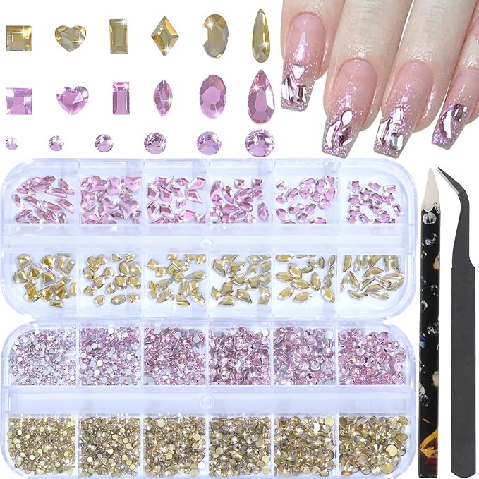 HNUIX Nail Rhinestones for Nails - 3D Multi Shapes, Flat Back, Small Nail Gems, Champagne Gold & Light Pink Nail Diamonds, with Kit, for Nail Art, DIY Decor