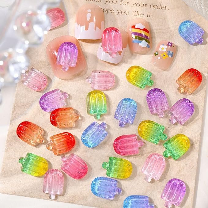 50Pcs Summer Colorful Ice Cream Nail Art Charms Kawaii Nail Charms for Acrylic Nails Mini Ice Lolly Summer Flatback Nail Rhinestones for Women Nails DIY Nail Supplies Cute Nail Art Craft Accessories