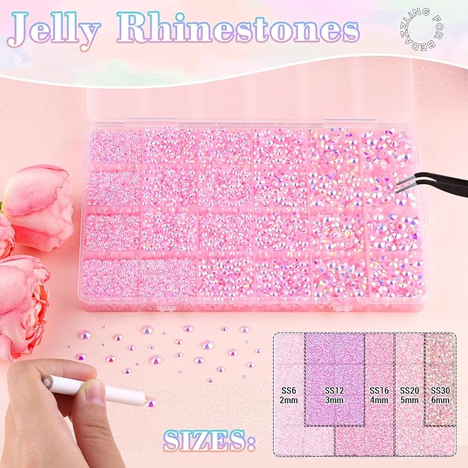 25000Pcs Resin Rhinestones with Tweezers for Crafting, 2-6mm Mixed Sizes (Light Pink AB) Non Hotfix Flatback Gems, Bedazzling Crystal for DIY Crafts Clothing Tumblers Mugs Shoes Decor Nail Art