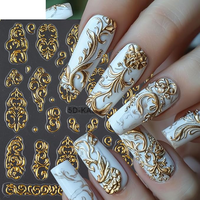 3Sheets Flower Pattern Nail Art Stickers 5D Embossed Gold Silver Flowers Vine Designs Nail Decals Self-Adhesive Rose Gold Floral Texture Nail Sticker Spring Summer Nails Supplies for Women Nails Decor