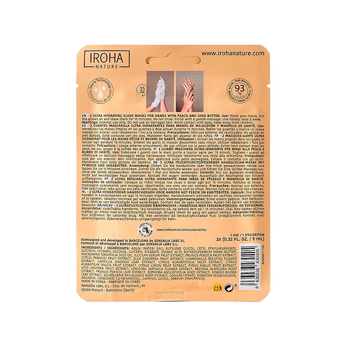IROHA NATURE Repairing Hand Mask Gloves | 4 Pairs | Peach & Shea Butter | Hydration & Repair for Damaged & Cracked Hands | Vegan & 93% Natural Ingredients