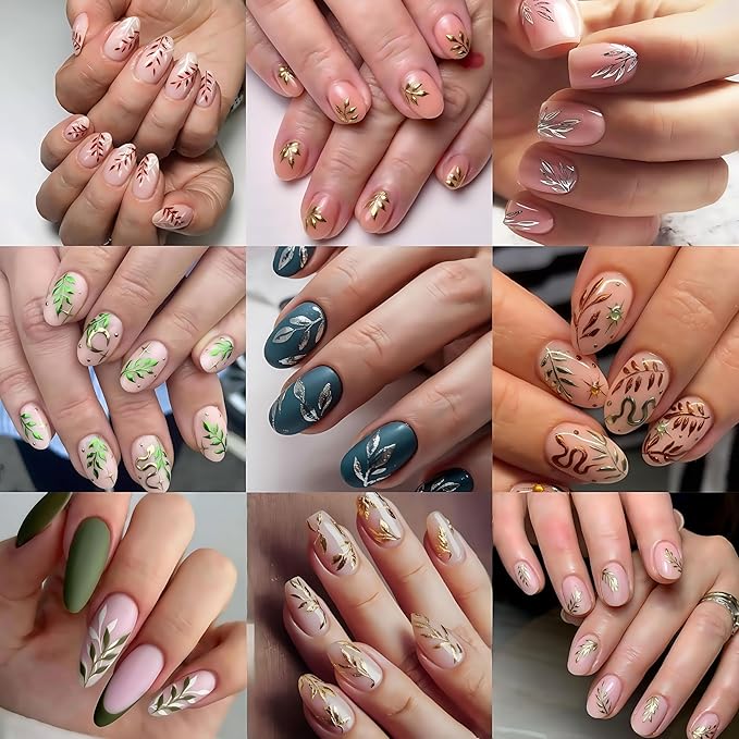 5 Sheets Fall Leaves Nail Art Stickers 3D Self-Adhesive Gold Silver Blue Green Leaf Autumn Leaves Nail Stickers Fall Orange Leaf Design Thanksgiving Day Nails Supplies for Women Manicure Decoration