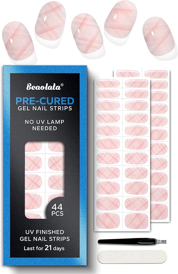 Pre Cured Gel Nail Strips - 44PCS Salon Quality Gel Nail Stickers - Long Lasting Polish Wraps for Women no UV Light Needed Easy Apply& Remove (Vintage Pink）