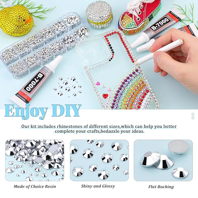 6000Pcs Resin Rhinestones for Bedazzling with 3Pcs B7000 Jewelry Glue, 1 Box Silver Flatback Rhinestones for Crafting Crafts DIY, Crystals Gems for Clothing Shoes Tumblers Nail Art Makeup