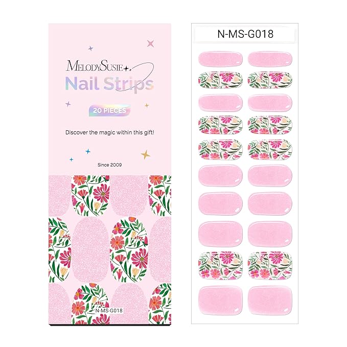MelodySusie Semi Cured Gel Nail Strips, 20 PCS Gel Nail Stickers, UV Light Required, Durable and Salon Quality (Pearly Pink Flowers)