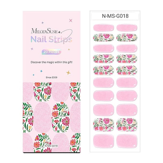 MelodySusie Semi Cured Gel Nail Strips, 20 PCS Gel Nail Stickers, UV Light Required, Durable and Salon Quality (Pearly Pink Flowers)