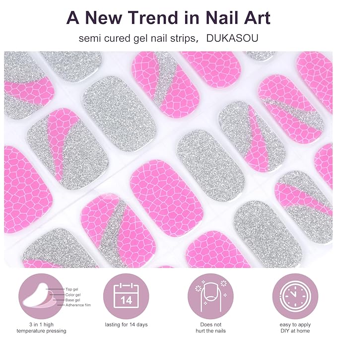 Semi Cured Gel Nail Strips,28 PCS Nail Wraps for Women,Gel Stickers for Nails UV Light,Long Lasting, Includes Prep Pads, NailFile & Wood Stick