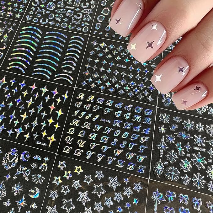 30 Sheets Star Nail Stickers Moon Nail Art Stickers 3D Embossed Self Adhesive Nail Decals Holographic Nails Design Aurora Line Bow Heart Nail Art Decals for Women Manicure DIY Decoration
