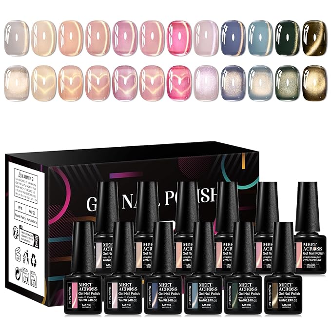 MEET ACROSS 12PCS Gel Nail Polish Set, 12 Colors Gel Nail Kit Art Design Soak Off UV LED,Nail Art Design Gifts for Women (SET-7, 12PCS)