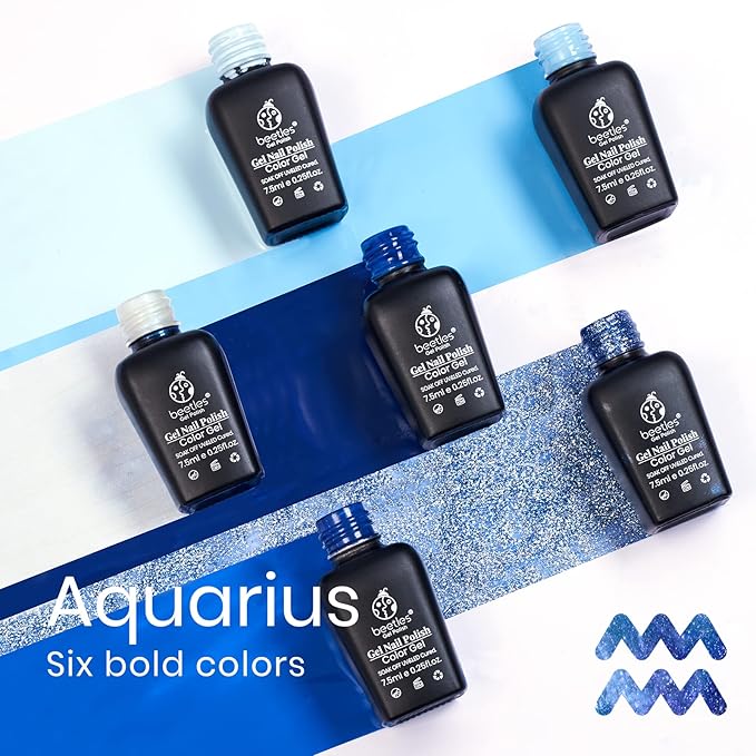 Beetles Blue Gel Nail Polish,6 Colors Baby Blue Glitter Aquarius Holy Water Collection Fall Winter Gel Polish Soak off Uv Led Lamp Nail Art Manicure Gifts for Women