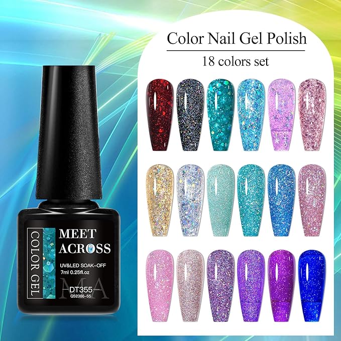 MEET ACROSS 18pcs Gel Nail Polish Set Soak Off UV LED Lamp Gel Nail Polish Kit (SET-6, 18pcs)
