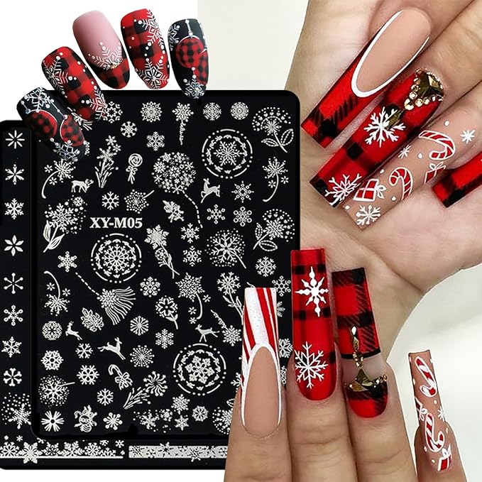 6Pcs Christmas Stamping Plates Set Winter Nail Stamp Kit Xmas Art Image Plates With Snowflakes Tree Bell Snowman Elk Designs DIY Stainless Steel Polish Template