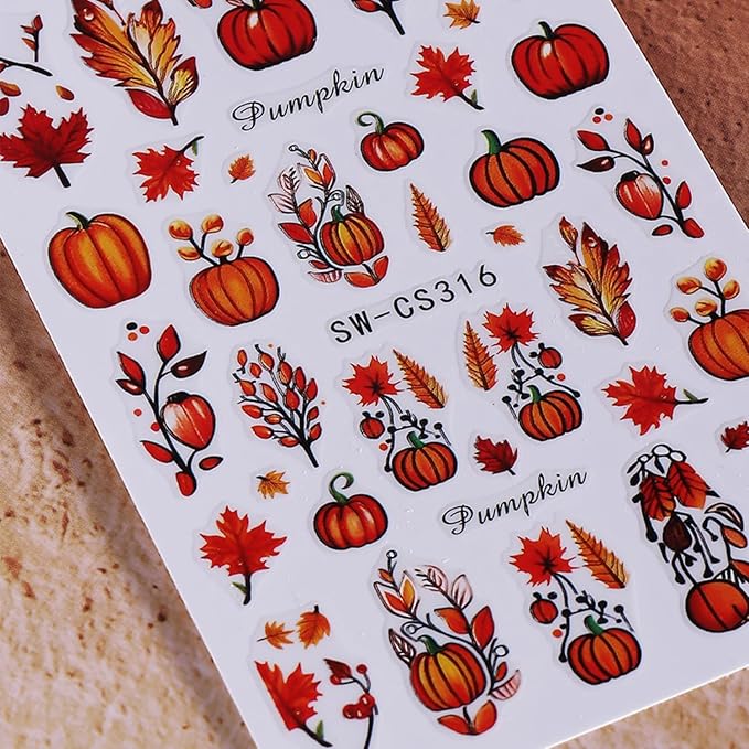 Fall Nail Art Stickers Decals 6Pcs Pumpkin Maple Leaves Nail Decals 3D Self-Adhesive Autumn Fallen Leaves Nail Stickers Cute Harvest Thanksgiving Day Manicure Sliders for Women Nails Art Decorations