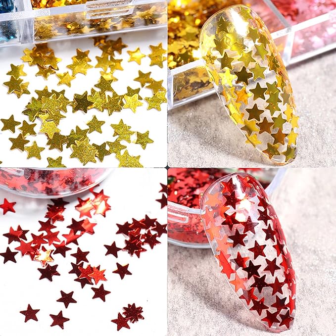 12 Colors Stars Nail Art Stickers Star Nail Glitter Sequins 3D Nail Art Decor Holographic Stars Shape Flakes Nail Design for Women Manicure Tips DIY Nail Charms Decorations Acrylic Nails Supply Kit