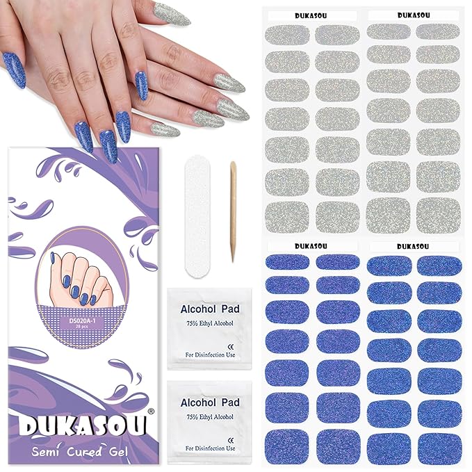 Semi Cured Gel Nail Strips 2 Set, (Glitter Silver/Blue) 56 Pcs Gel Nail Wraps,Stickers Works with Any UV/LED Lamps,Long Lasting,Salon-Quality, Easy to Apply