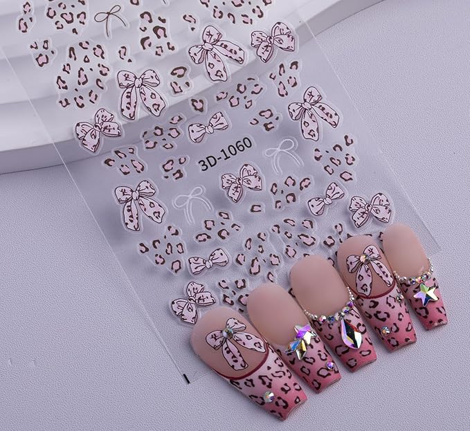 Leopard Print Bow Nail Stickers Self-Adhesive, 2 Sheets Mini Nail Art Decorations Kit - DIY Easy Apply for Everyday, Party, Gifts