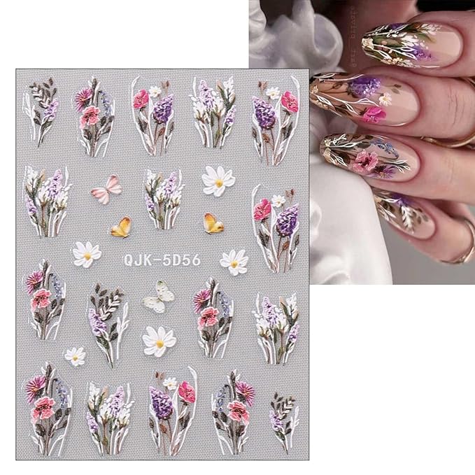 JMEOWIO 6 Sheets 3D Embossed Spring Flower Nail Art Stickers Decals Self-Adhesive Pegatinas Uñas 5D Colorful Summer Floral Lavender Nail Supplies Nail Art Design Decoration Accessories