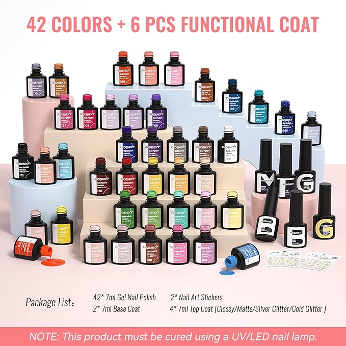 phoenixy 50 Pcs Gel Nail Polish Set, 42 Colors Gel Nail Polish Kit with Base & Top Coat Pink Red White Nail Polish Starter Kit Gifts for Women Girls