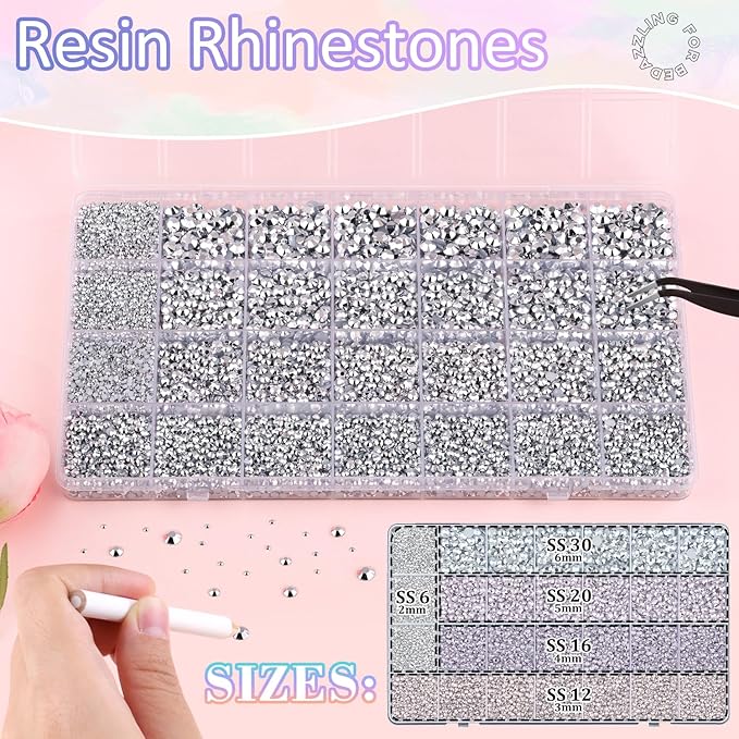 30000Pcs Resin Rhinestones for Bedazzling with 3Pcs B7000 Jewelry Glue, Silver Flatback Gems Rhinestones for Crafting, Clothing Tumblers Mugs Shoes Fabric Decor Nail Art