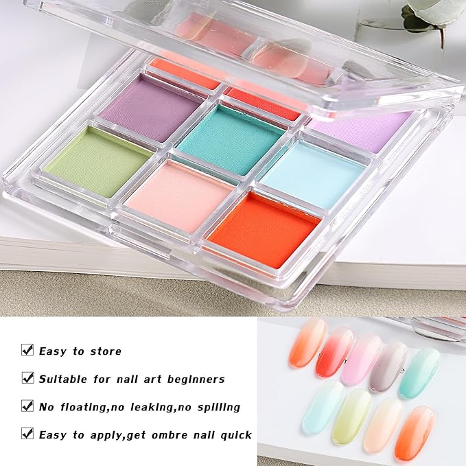9 Colors Nail Pigment Palette Gradient Ombre Nail Powder Set for DIY Manicure Beginners - Perfect Nail Design with Ultra Fine Powder - Includes 5 Sponge Sticks 1 Brush #06