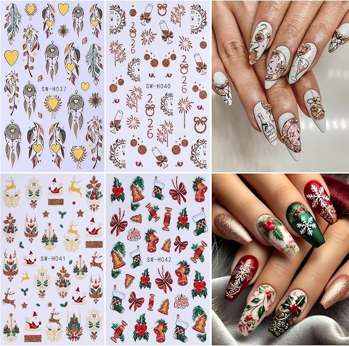 4Sheet Christmas Nail Art Stickers Santa Claus Elk Snowflake Nail Decals 3D Self-Adhesive Fireworks Clock Bow Designs Nail Supplies Winter Xmas Nail Sticker Nail Art for Women DIY New Year Nail Decor