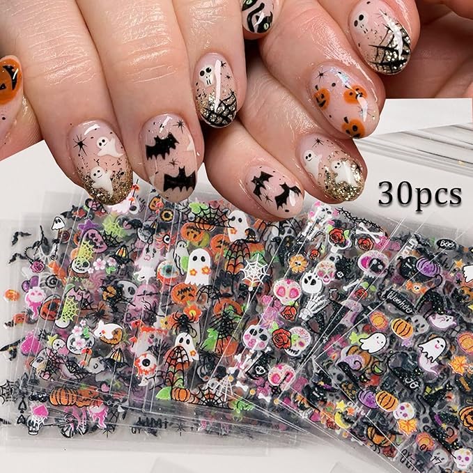 30Sheets Halloween Dark Style Nail Art Sticker 3D Halloween Ghost Bat Nail Stickers Pumpkin Spider Nail Design Slider Multi-Elements Halloween Sticker Decal for Acrylic Nails Manicure Accessory Decor