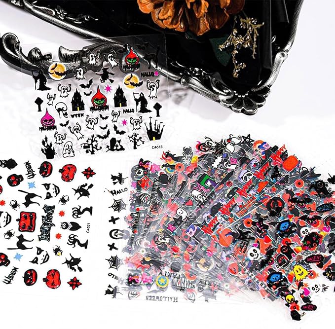 30 Sheets Halloween Nail Stickers Pumpkin Ghost Nail Decals 3D Self-Adhesive Bat Spider Design Nails Art Stickers for Women Holiday Manicure DIY