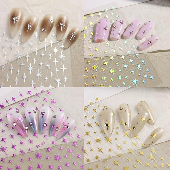 8 Sheet Bronzing Star Nail Stickers 3D Shiny Star Nail Decals Starlight Designs Sticker Nail Gold and Silver Purple Manicure Accessories for Women Nail Decorations