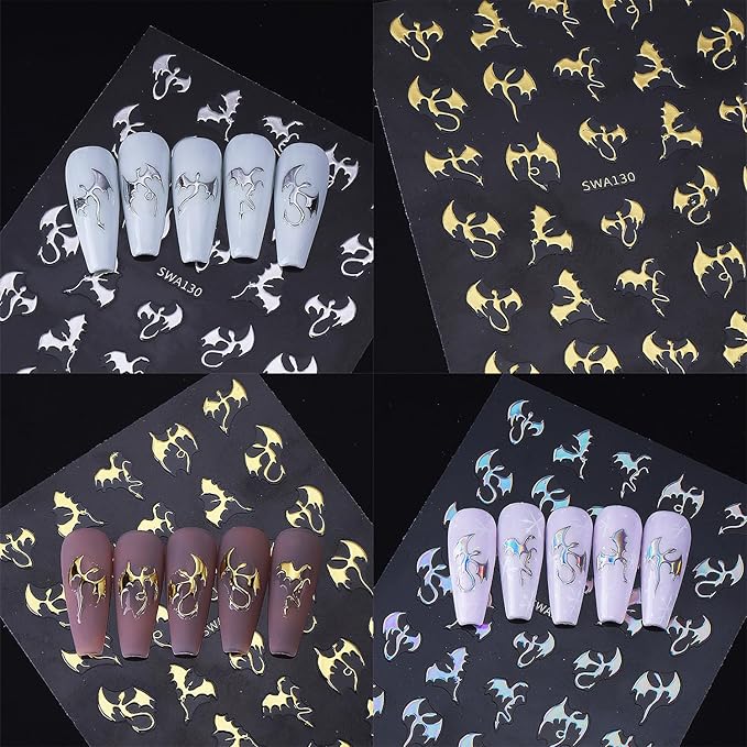 6 Sheets Halloween Nail Stickers for Nail Art Horror Bat Nail Decals Gold Silver Holographic Laser Gothic Dragon Nail Art Stickers 3D Self-Adhesive Halloween Bats Nail Design Supplies for Women