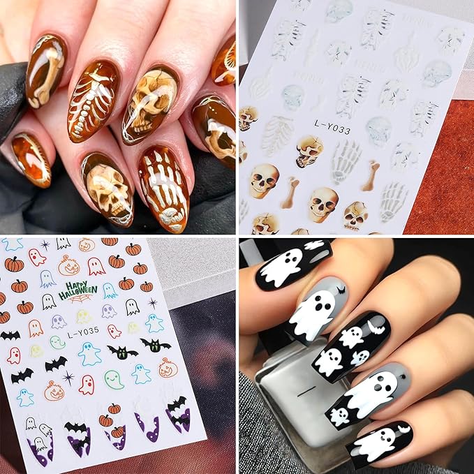 3Sheets Halloween Nail Art Stickers 3D Self-Adhesive Skeleton Hand Bones Nail Decals for Acrylic Nails Cute Ghost Flowers Designs Nail Stickers Pumpkin Bat Nail Decal for Women Nails Decor Supplies