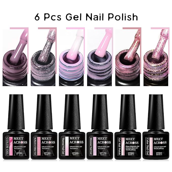 MEET ACROSS Gel Nail Polish Set 6 Pcs Glitter Colors Gel Nail Kit Art Design Soak Off UV LED (SET-7, 6pcs)