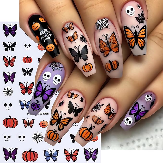 6Pcs Halloween Nail Stickers Butterfly Skull Nail Decals DIY Self Adhesive Cartoon Pumpkin Cat Ghost Web Nail Design Halloween Nail Decoration Supplies Holiday Manicure Accessories for Women Girls