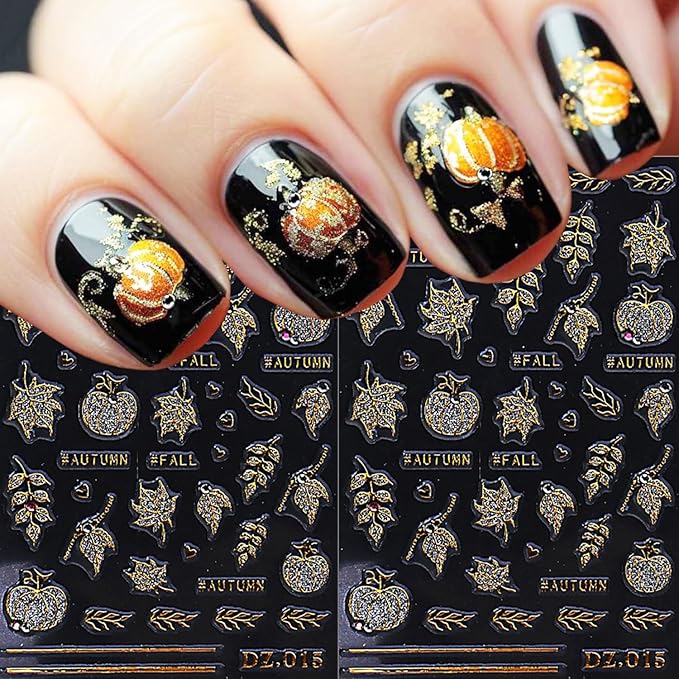 2 Sheets Fall Nail Stickers for Nail Art Glitter Gold Leaf Nail Art Stickers Embossed Autumn Pumpkin Nail Decals 5D Self-Adhesive Diamond Nail Design Sticker for Women Thanksgiving Nails Decoration