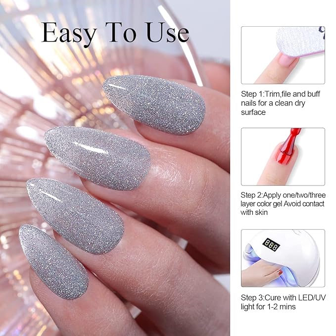 Imtiti Silver Gel Nail Polish, Glitter Silver 3 in 1 One Step Gel Polish Color Soak Off UV LED fall winter Nail Gel Polish Nail Art Starter Manicure Salon DIY Christmas Gift, 0.5 Fl Oz
