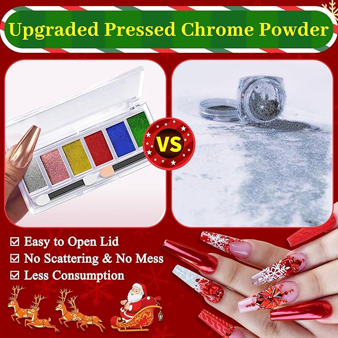 Christmas Red Green Chrome Nail Powder, DRMODE 6 Colors Gold Silver Mirror Metallic Effect Nail Chrome Powder, Blue Rose Gold Champagne Colored Chrome Powder for Nails Palette Pigment for Nail Art