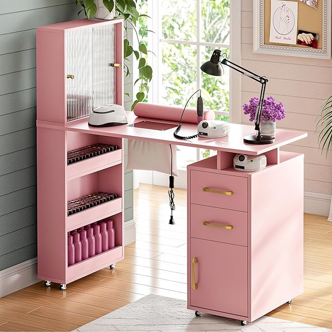 Manicure Table Nail Desk for Nail Tech w/Glass Door Storage Cabinets & Wrist Rest, Beauty Salon Nail Supplies Decor Workstation Acetone Resistant, with Dust Collector (Pink)