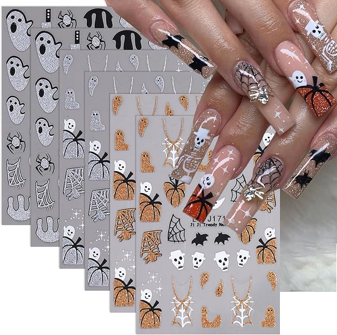 6 Sheets Silver Pumpkin Nail Art Stickers Halloween Nail Stickers Glitter Spider Web Nail Decals Bat French Tips Water Drop Gold Design Shine Sticker for Nail DIY Manicure Supplies for Women
