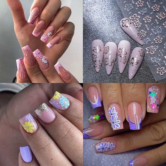 3 Sheets Colored Daisy Nail Art Stickers 3D Self-Adhesive Golden Hot Stamping Butterflies Design Spring Cherry Blossom Nail Decals for Women Girls Summer DIY Manicure Decoration