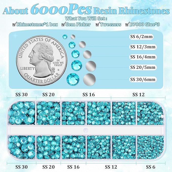 6000Pcs Resin Rhinestones for Bedazzling with 3Pcs B7000 Jewelry Glue, 1 Box Teal Blue Flatback Rhinestones for Crafting Crafts DIY, Crystals Gems for Clothing Shoes Tumblers Nail Art Makeup